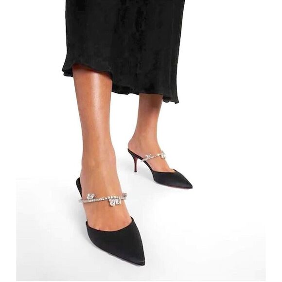 Christian Louboutin Planet Queen Crystal Embellished Satin Mule Pumps Black 39 - Picture 9 of 11